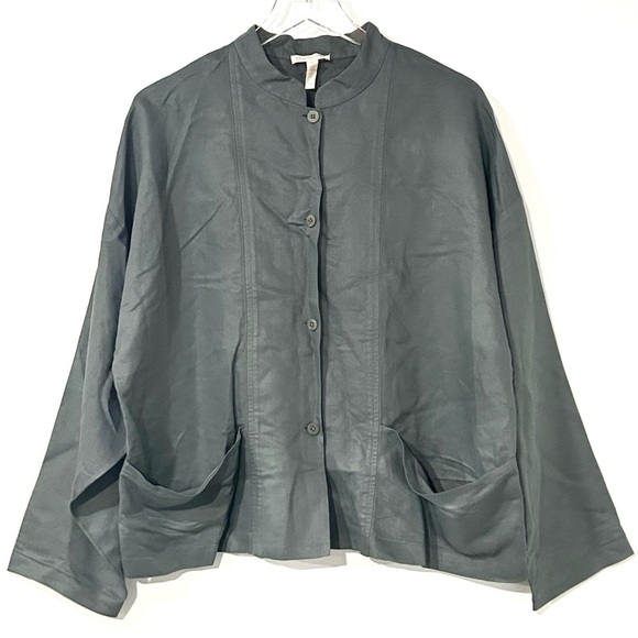 Eileen Fisher Stand Collar Relaxed Overshirt Button‎ Front Dark Teal Green  M - Picture 1 of 5